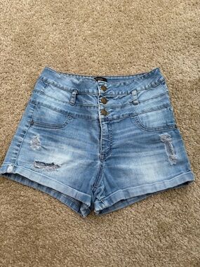 Refuge High-Rise Light Blue Distressed Denim Shorts